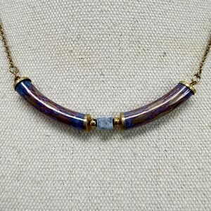 Artisan Ceramic Bar Necklace Blue Purple Gold Hand Painted Tube Bead Boho